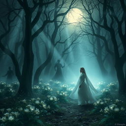 An ethereal and mystical scene titled 'Les Échos du Passé' depicting a moonlit forest shrouded in fog