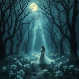 An ethereal and mystical scene titled 'Les Échos du Passé' depicting a moonlit forest shrouded in fog