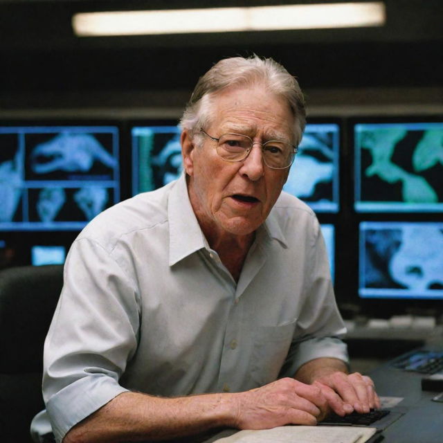 Revise the image to portray John Hammond back in the control room, examining the computer screens which now show the T-Rex Paddock as stable, casting an eased expression on his face.