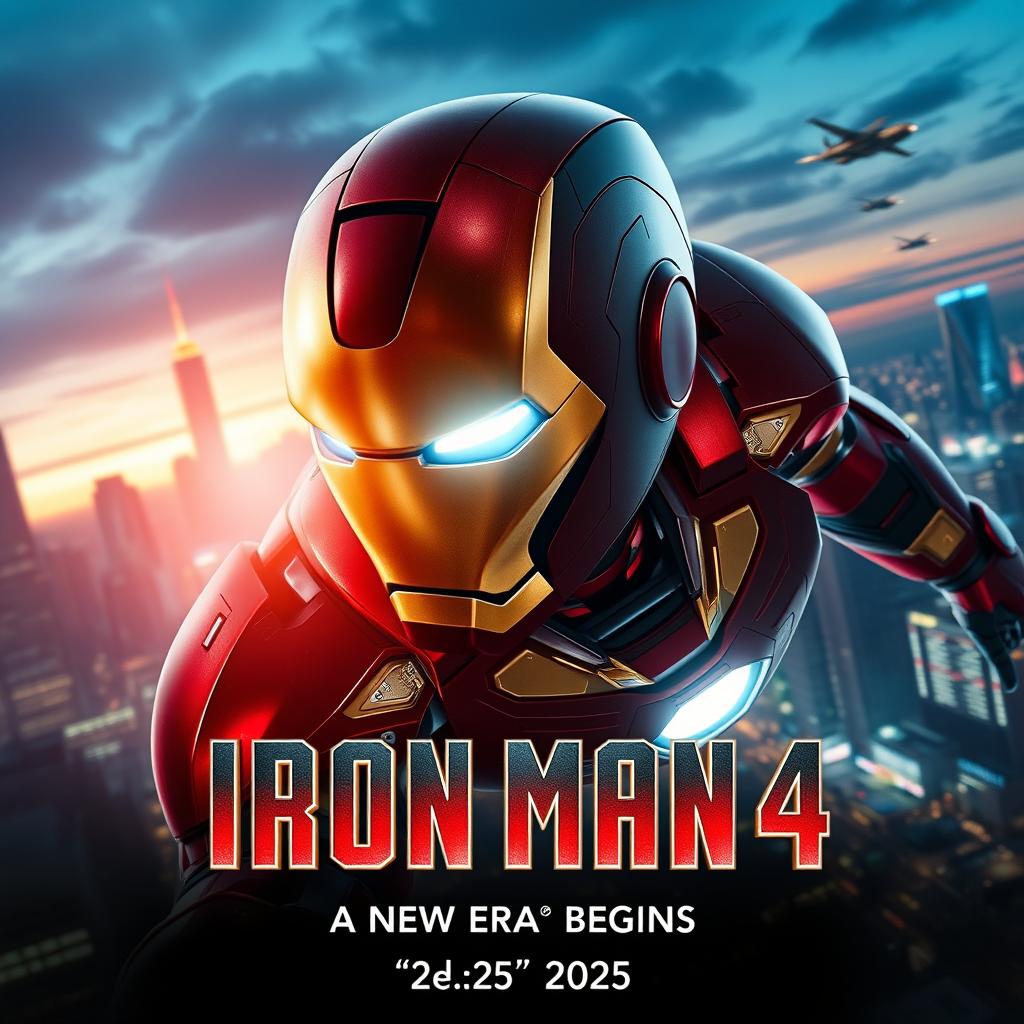 A highly stylized teaser trailer poster for 'Iron Man 4' set in 2025, featuring a dynamic and futuristic design elements