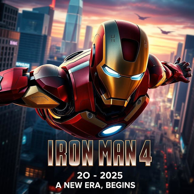 A highly stylized teaser trailer poster for 'Iron Man 4' set in 2025, featuring a dynamic and futuristic design elements