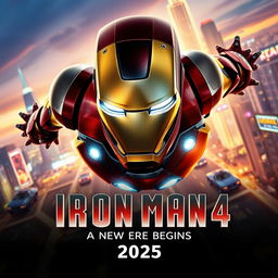 A highly stylized teaser trailer poster for 'Iron Man 4' set in 2025, featuring a dynamic and futuristic design elements