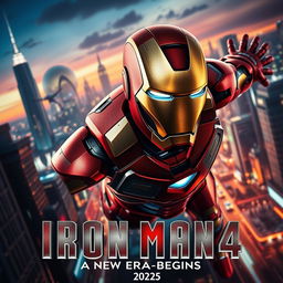 A highly stylized teaser trailer poster for 'Iron Man 4' set in 2025, featuring a dynamic and futuristic design elements
