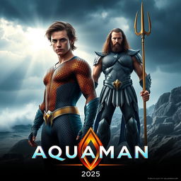 A cinematic poster for 'Aquaman 3' featuring Timothée Chalamet and Jason Momoa
