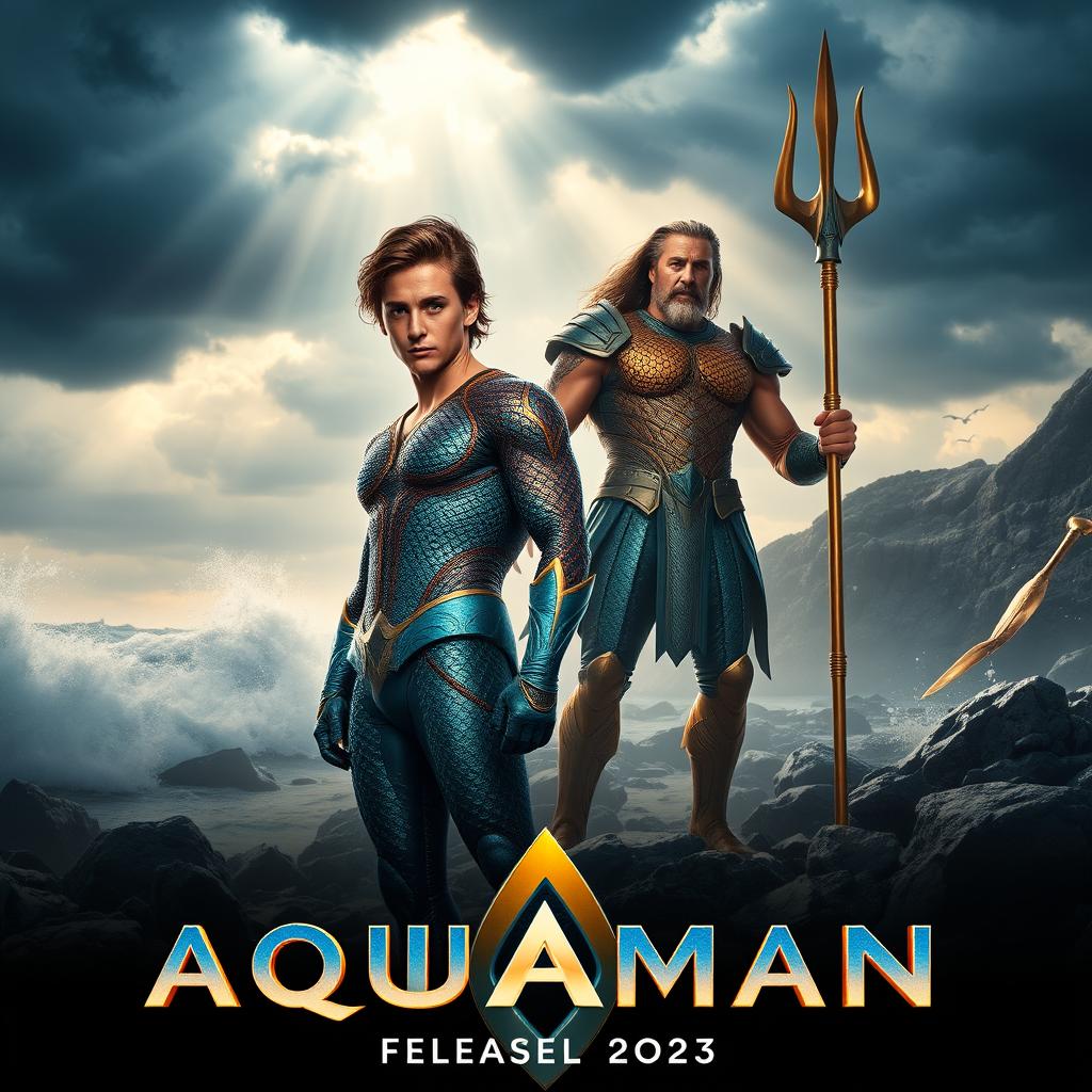 A cinematic poster for 'Aquaman 3' featuring Timothée Chalamet and Jason Momoa