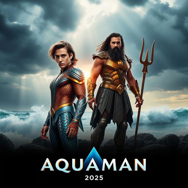 A cinematic poster for 'Aquaman 3' featuring Timothée Chalamet and Jason Momoa