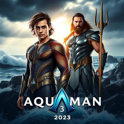 A cinematic poster for 'Aquaman 3' featuring Timothée Chalamet and Jason Momoa