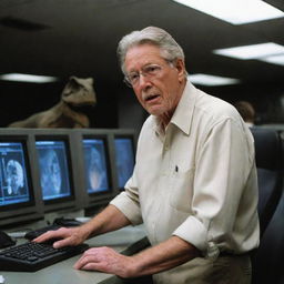 Revise the image to portray John Hammond back in the control room, examining the computer screens which now show the T-Rex Paddock as stable, casting an eased expression on his face.