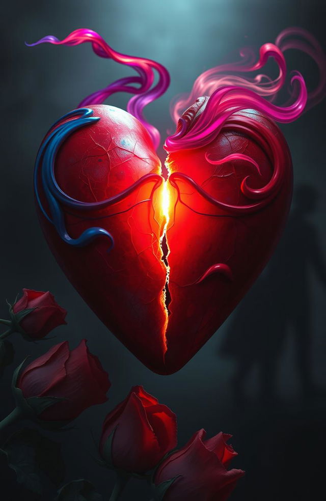 A close-up of a broken heart, artistically rendered in a dramatic and emotional style