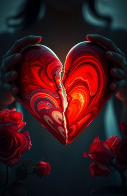 A close-up of a broken heart, artistically rendered in a dramatic and emotional style
