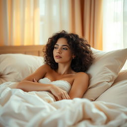 A serene scene featuring a beautiful young woman with curly brunette hair lying gracefully in a cozy bed