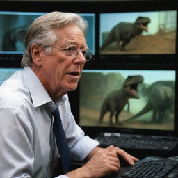 Revise the image to portray John Hammond back in the control room, examining the computer screens which now show the T-Rex Paddock as stable, casting an eased expression on his face.