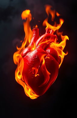 An intense visual of a heart on fire, surrounded by vibrant flames that dance and flicker