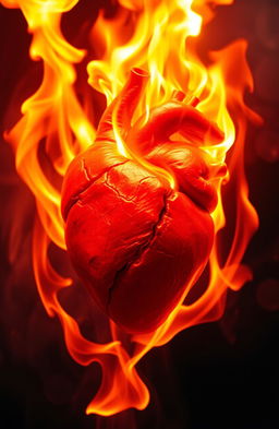 An intense visual of a heart on fire, surrounded by vibrant flames that dance and flicker