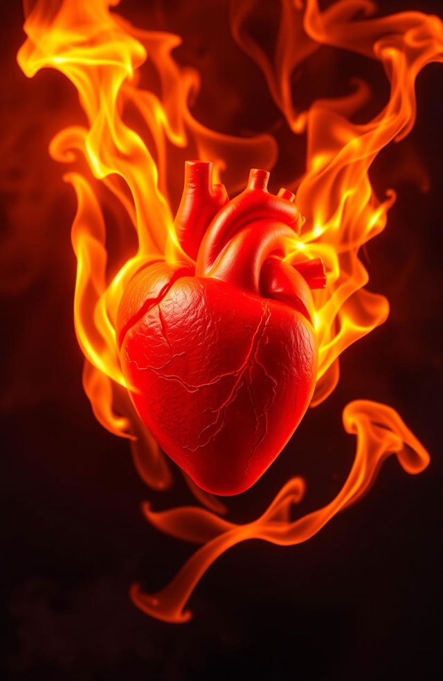 An intense visual of a heart on fire, surrounded by vibrant flames that dance and flicker