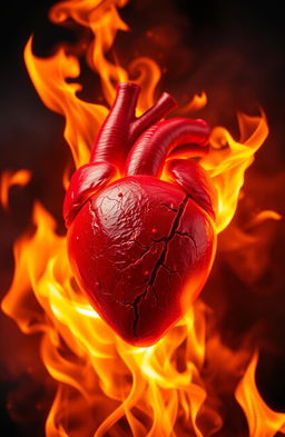 An intense visual of a heart on fire, surrounded by vibrant flames that dance and flicker