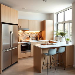 A compact kitchen design featuring sleek, modern cabinetry in a light wood finish