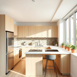 A compact kitchen design featuring sleek, modern cabinetry in a light wood finish