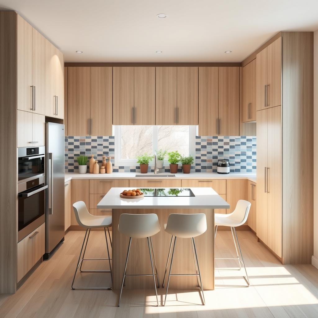 A compact kitchen design featuring sleek, modern cabinetry in a light wood finish