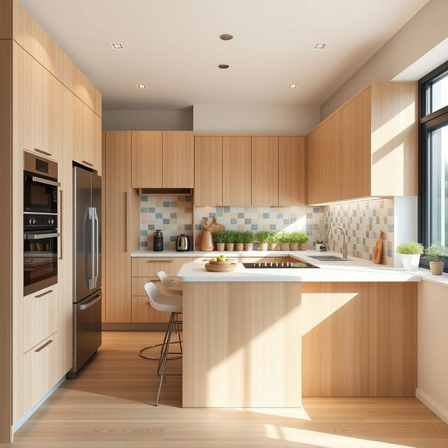 A compact kitchen design featuring sleek, modern cabinetry in a light wood finish