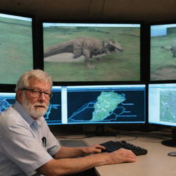 Adjust the image to focus on the computer screen, which displays a detailed map of the T-Rex Paddock indicating no issues, with John Hammond watching thoughtfully in the control room.