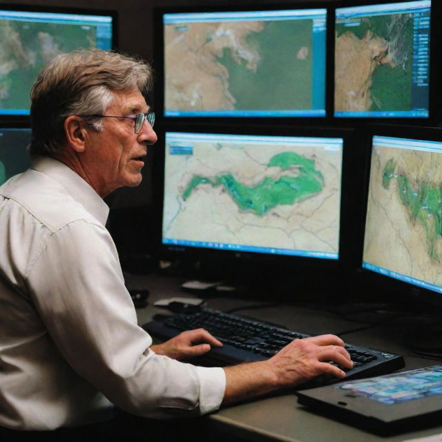 Adjust the image to focus on the computer screen, which displays a detailed map of the T-Rex Paddock indicating no issues, with John Hammond watching thoughtfully in the control room.