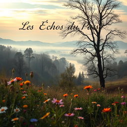 A captivating and evocative scene titled 'Les Échos du Passé', showcasing a serene landscape filled with whispering trees, a misty river reflecting the soft sunlight, and distant mountains fading into the horizon