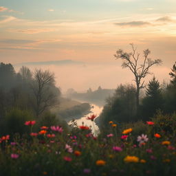 A captivating and evocative scene titled 'Les Échos du Passé', showcasing a serene landscape filled with whispering trees, a misty river reflecting the soft sunlight, and distant mountains fading into the horizon