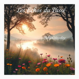 A captivating and evocative scene titled 'Les Échos du Passé', showcasing a serene landscape filled with whispering trees, a misty river reflecting the soft sunlight, and distant mountains fading into the horizon