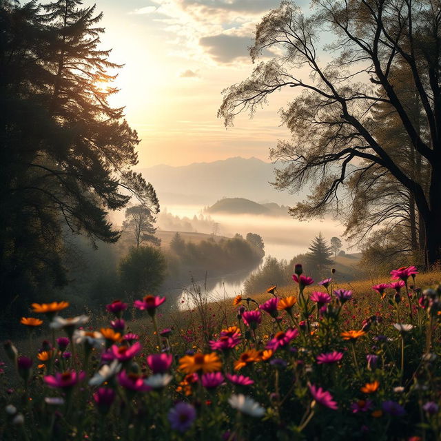 A captivating and evocative scene titled 'Les Échos du Passé', showcasing a serene landscape filled with whispering trees, a misty river reflecting the soft sunlight, and distant mountains fading into the horizon