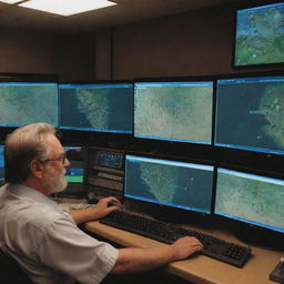 Adjust the image to focus on the computer screen, which displays a detailed map of the T-Rex Paddock indicating no issues, with John Hammond watching thoughtfully in the control room.