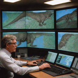 Adjust the image to focus on the computer screen, which displays a detailed map of the T-Rex Paddock indicating no issues, with John Hammond watching thoughtfully in the control room.