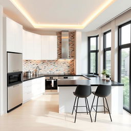 A contemporary kitchen layout that maximizes space efficiently without a large corner area for appliances