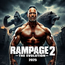 A dramatic teaser poster for 'RAMPAGE 2: The Evolution', featuring Dwayne Johnson at the forefront, showcasing his muscular build and intense expression