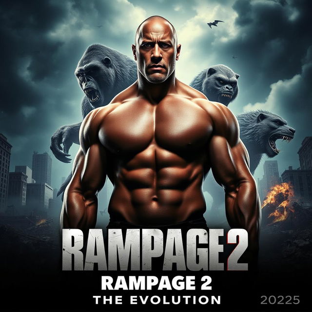 A dramatic teaser poster for 'RAMPAGE 2: The Evolution', featuring Dwayne Johnson at the forefront, showcasing his muscular build and intense expression