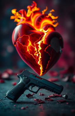 A surreal artistic representation of two contrasting hearts: one is a glowing, fiery heart symbolizing passion and vitality, bursting with flames and energy