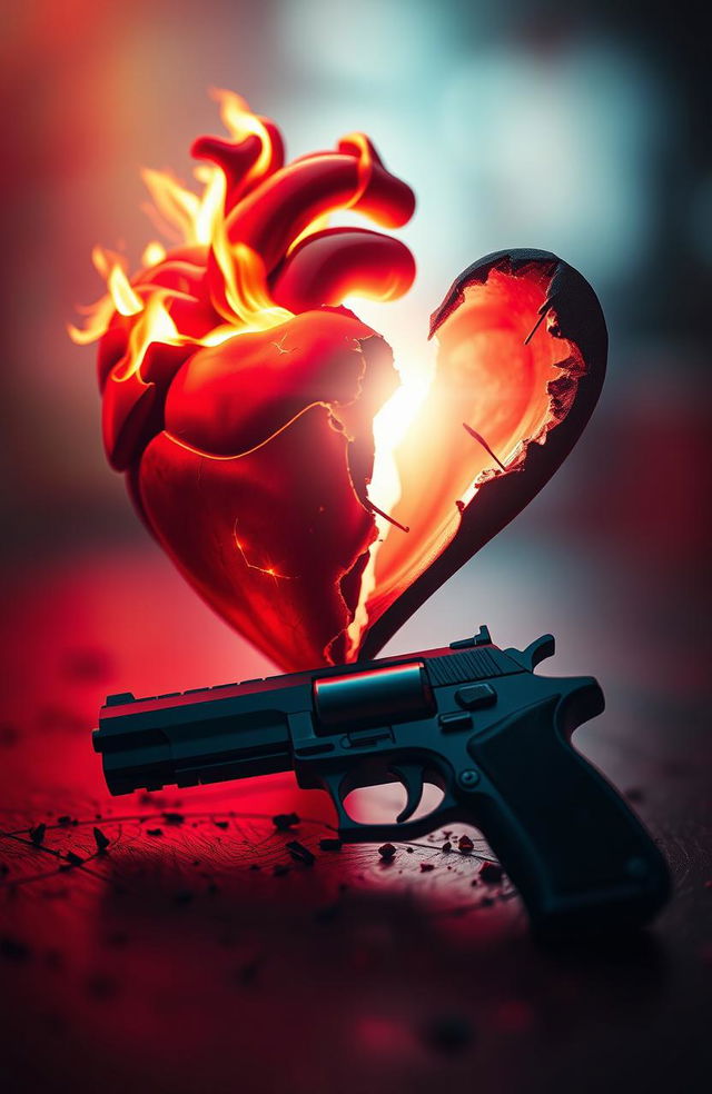 A surreal artistic representation of two contrasting hearts: one is a glowing, fiery heart symbolizing passion and vitality, bursting with flames and energy