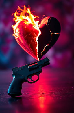 A surreal artistic representation of two contrasting hearts: one is a glowing, fiery heart symbolizing passion and vitality, bursting with flames and energy