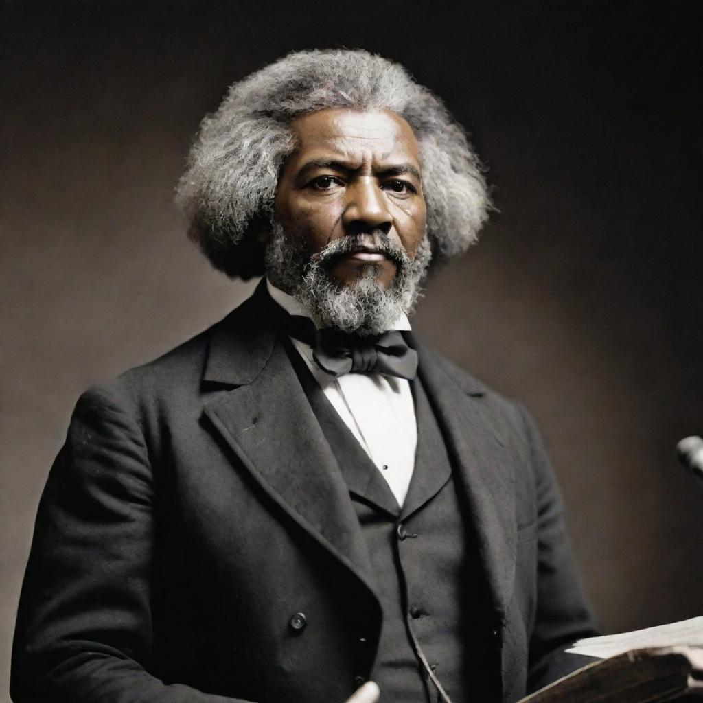 Create an image of Frederick Douglass delivering an inspiring speech. He stands confident and commanding on stage, his impassioned oration captivating the audience. The scene captures the energy and influence Douglass as a speaker and social reformer held.