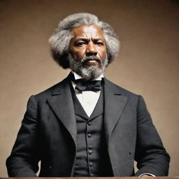 Create an image of Frederick Douglass delivering an inspiring speech. He stands confident and commanding on stage, his impassioned oration captivating the audience. The scene captures the energy and influence Douglass as a speaker and social reformer held.