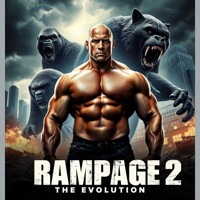 A striking poster for 'RAMPAGE 2: The Evolution' featuring Dwayne Johnson prominently in the foreground, showcasing his powerful physique and determined expression