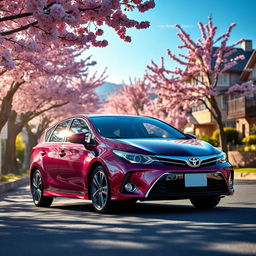 A sleek and modern Toyota Avensis parked on a picturesque street lined with blooming cherry blossom trees