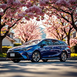 A sleek and modern Toyota Avensis parked on a picturesque street lined with blooming cherry blossom trees
