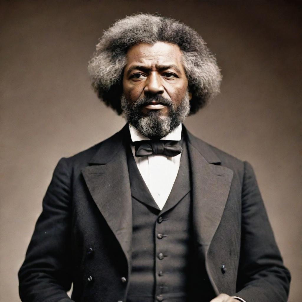 Create an image of Frederick Douglass delivering an inspiring speech. He stands confident and commanding on stage, his impassioned oration captivating the audience. The scene captures the energy and influence Douglass as a speaker and social reformer held.