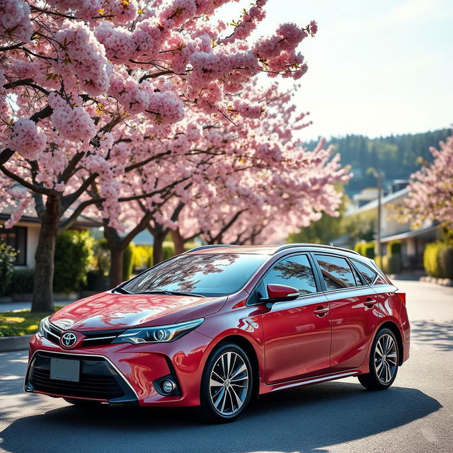 A sleek and modern Toyota Avensis parked on a picturesque street lined with blooming cherry blossom trees