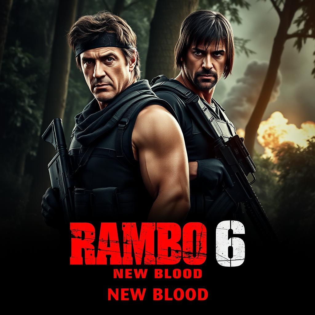 A striking teaser poster for 'Rambo 6: New Blood', featuring Sylvester Stallone as the iconic John Rambo in a gritty, detailed portrayal