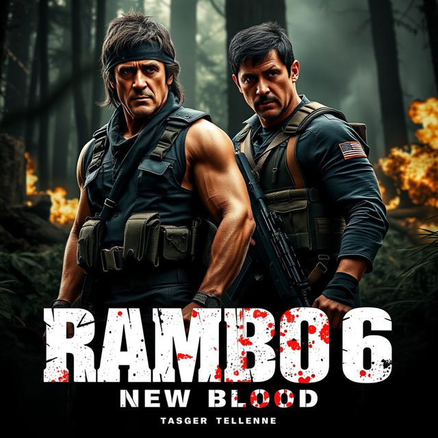 A striking teaser poster for 'Rambo 6: New Blood', featuring Sylvester Stallone as the iconic John Rambo in a gritty, detailed portrayal