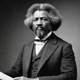 Create an image of Frederick Douglass delivering an inspiring speech. He stands confident and commanding on stage, his impassioned oration captivating the audience. The scene captures the energy and influence Douglass as a speaker and social reformer held.