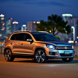 A stylish 2014 Volkswagen Tiguan R-Line parked in a scenic urban setting