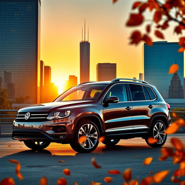 A stunning 2014 Volkswagen Tiguan R-Line showcased in a dazzling cityscape during the golden hour